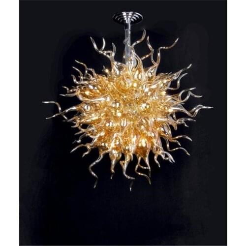 Round Hand Blown Glass Chandelier Custom Made Bedroom Amber Color Lamps