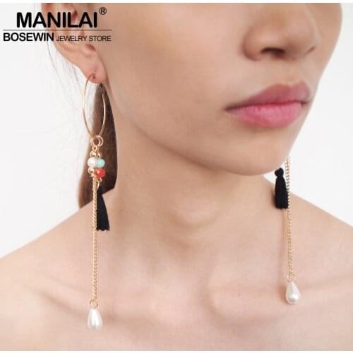 MANILAI Fashion Cute Circular Crystal Dangle Earrings Female Charm Imitation Pearl Cotton Tassel Long Earrings Brincos Jewelry