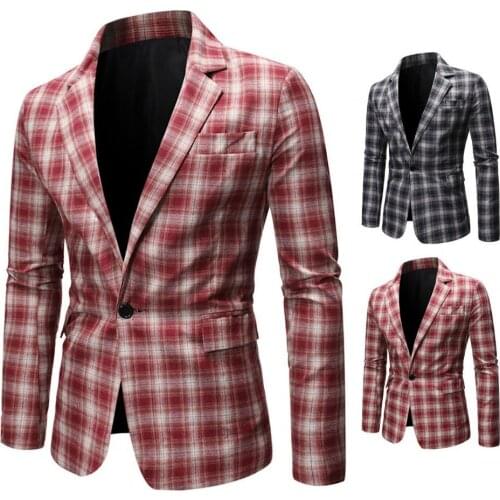 Autumn New Men Business Blazer Flap Pockets Lapel Casual Long Sleeve Plaid Print Single Button Formal Male Slim Suit Blazer
