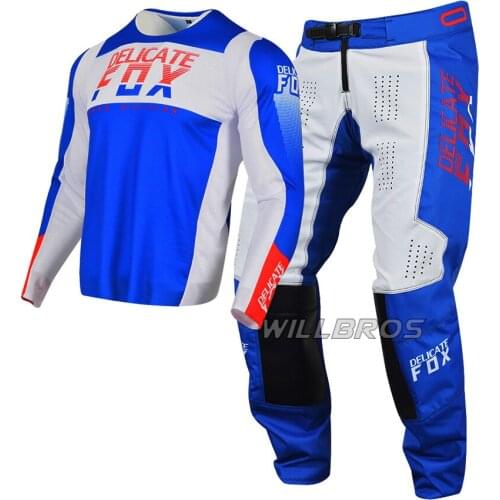 Motorcycle Blue White Gear Set 2021 Delicate Fox 180/360 Mountain Bicycle Offroad Jersey Pants Racing Suit Kits Mens