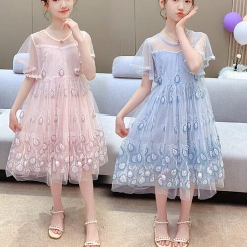 2021 New Summer Girls' peacock dress princess dress Short Sleeve Party Princess Dress Girls Clothing