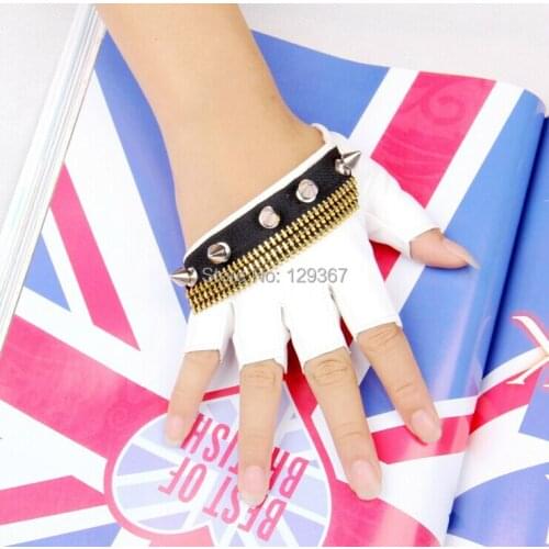 Free shipping White metal punk spike leather semi-finger gloves Women gothic spike faux leather motercycle gloves L064