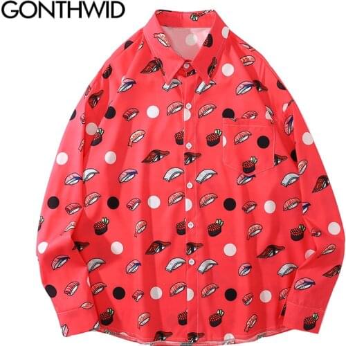 GONTHWID Shirts Harajuku Sushi Print Shirt Streetwear Hip Hop Fashion Button Blouse Mens Loose Casual Long Sleeve Tops