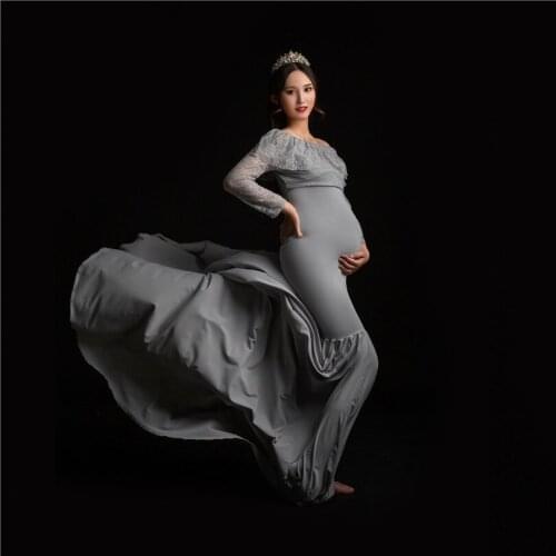 Grey Lace Maternity Dress For Photo Prop Pregnant long Dress Long Sleeves Maternity Gown Photography Props