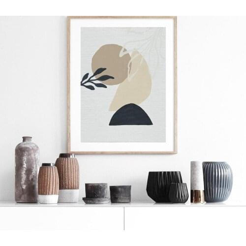 Modern Abstract Geometric Art Painting Botanical Neutral Tones Tan Brown Navy Blue Poster Canvas Print Home Wall Art Decoration