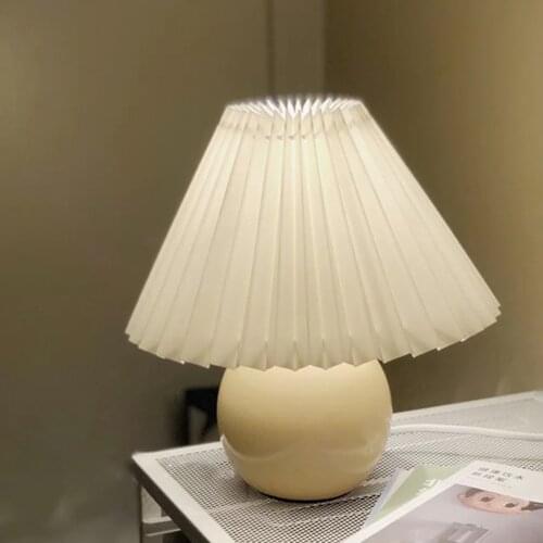 Vintage Korean Pleated Table Lamp With Cloth Retro Lampshade LED Desk Lamp For Home Decoration Bedside Lamp Ceramic Night Light