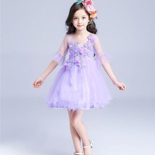 Vintage Lace Flower Girls Wedding Dress Purple Petal Attach Voile Kids Dresses for Party Dancing vetement fille 2-9T