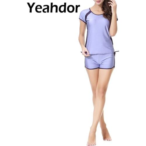 Women Summer Clothes Outfit Swimming Suit Short Sleeve Round Neck Patchwork Top with Shorts Set Girls Sport Outfit Sportwear