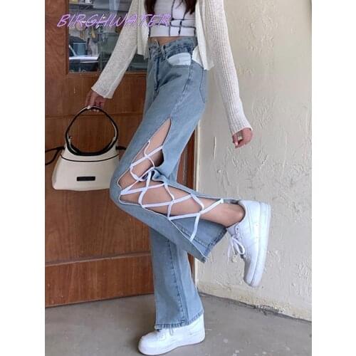 2021 Womens Jeans Fashion High Waist Jeans for Girls Korean Casual Tie Light Blue Baggy Jeans Straight Pants