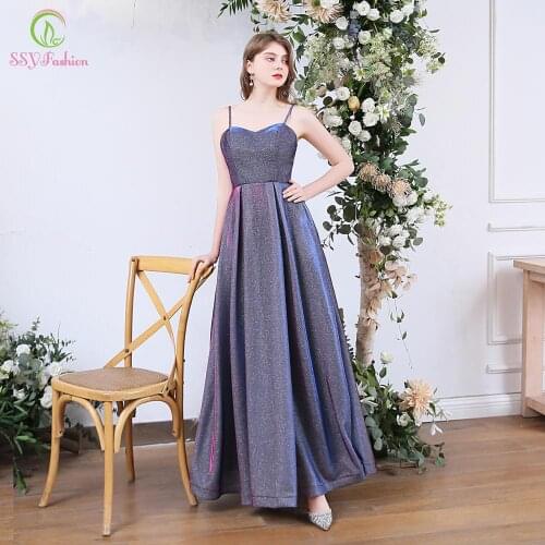 SSYFashion New Simple Banquet Sparkling Evening Dress Sweetheart Gradient Blue Purple Sleeveless Long Formal Gown Vestidos