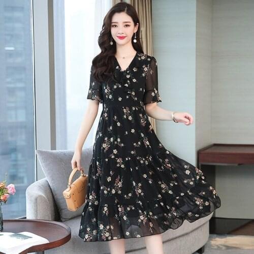2020 Summer Chiffon Dress Women Vintage Floral Midi Korean Dress Female Elegant Black Dress Dresses Plus Size M-5XL