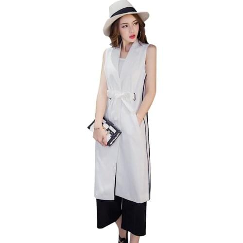 Women white black long vest coat Europen style waist coat sleeveless jacket back split outwear casual top Roupa Female with belt