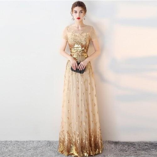 2020 Luxury Gold Leaf Sequins Mesh O Neck Short Sleeve A-line Long Formal Dress Women Elegant Sexy Dresses Party Night Club Wear