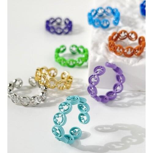 ALLNEWME Funny Candy Color Smiley Band Open Adjusting Ring Colorful Hollow Smiling Enamel Brass Finger Rings for Women Gifts