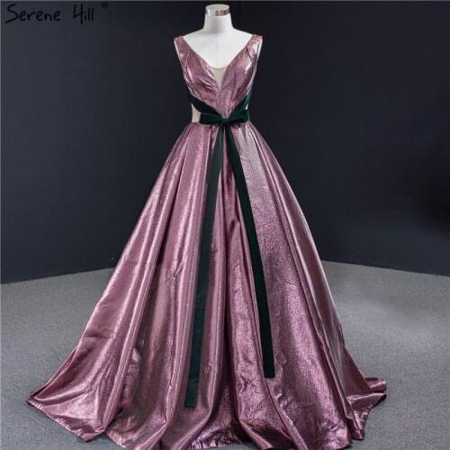 Bean Pink Sleeveless V-Neck Sexy Evening Dresses 2020 Bow A-Line Lace Up Simple Evening Gowns Serene Hill HM67006