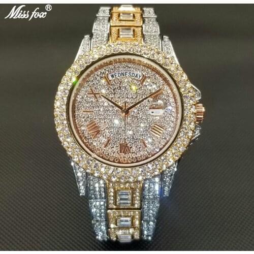 MISSFOX Hip Hop Iced Out Mens Watches Luxury Diamond Waterproof Quartz Watch Week Display Auto Date Day Women Clock Lover Gift