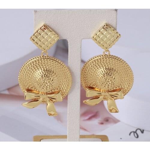 Women exaggerate holiday straw hat shape gold plated knot bow earrings drop dangles jewelry