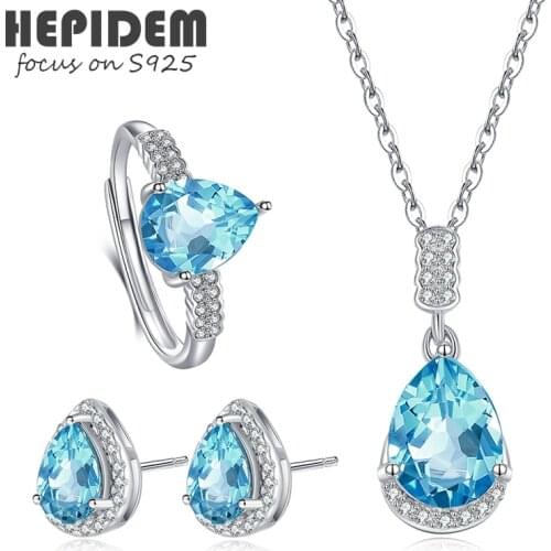 HEPIDEM 100% Really Topaz 925 Sterling Silver Necklace Rings Earrings Women Korean Natural Blue S925 Fine Jewelry Set H005