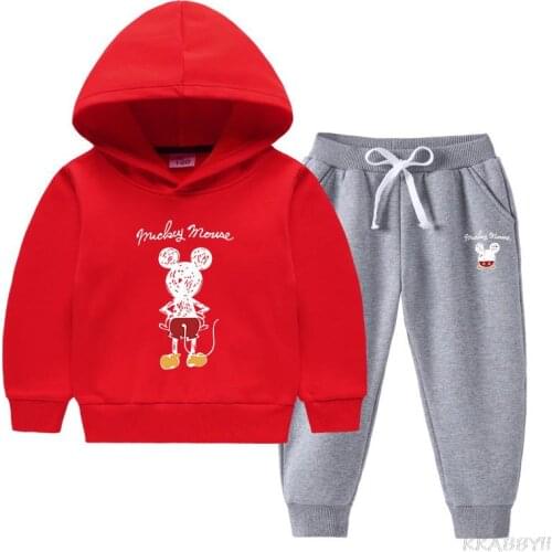 Disney Mickey Boys suit girls cartoon print long sleeve sweatshirt + pants suit Childrens warm hoodie suit