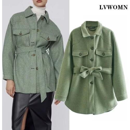 LVWOMN Za 2020 Jacket Women Fashion With Belt Loose Jacket Coat Vintage Long Sleeve Pocket Button-up Female Shirt Coat Chic Tops