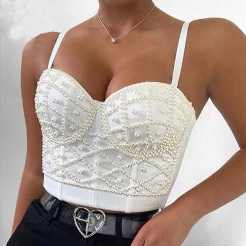 Summer Sexy Pearl Crop Top Corset Sleeveless Camisole Party Night Club Festival Tank Tops Black White Women Top