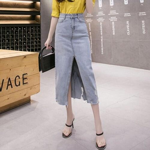 New Arrivals Chic Summer High Waist Split Skirt Korean Fashion 2021 Office Lady Elegant Hole Denim Skirts For Women Blue Faldas