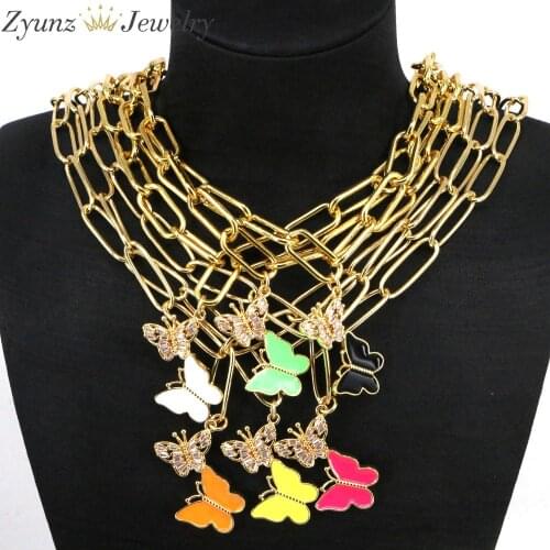 5PCS, Charm Butterfly CZ Zirconia Enamel Link Chain Necklaces For Women Rainbow Pendant Gold Necklace 2021 Trendy Jewelry