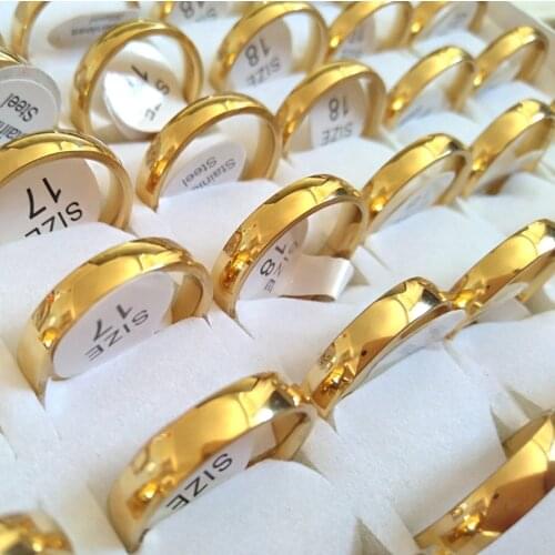 Bulk Lots 50PCS Gold 4mm Couple Trendy Stainless Steel Band Rings Fashion Lovers Wedding Jewelry Anniversary Gift Wholesale