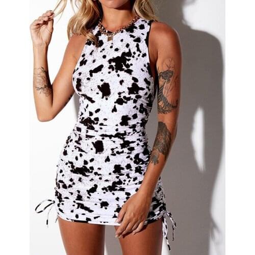 Puloru Chic New Office Lady Sleeveless Mini Bodycon Dress Summer Fashion Printed Round Collar Side Drawstring Ruched Short Dress