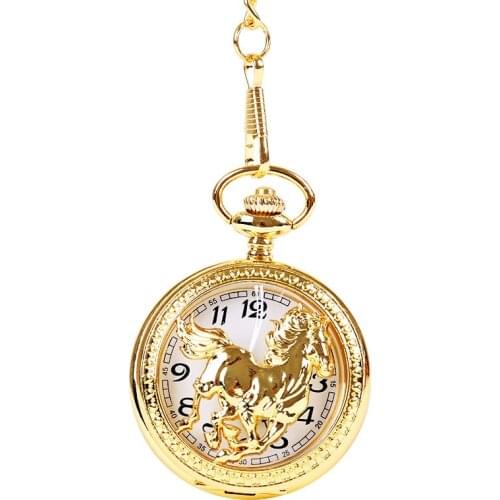 1042 Luxury Glossy Gold And Silver Horse Three-dimensional Pattern Perspective Pocket Watch With Chain Accessories Pocket Watch