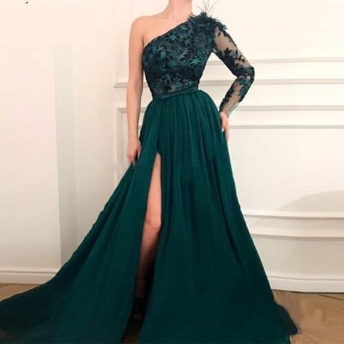 One Shoulder Green Evening Dress Muslim Dubai Flowing Chiffon Formal Dress Front Split Vestidos de festa Robe de soiree