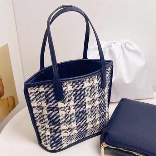 Hylhexyr Spring Lady Plaid Shoulder Bag Woolen Cloth Tote Women Handbag Fashion Purse Wallet Set Vegetable Basket Shopper Bag