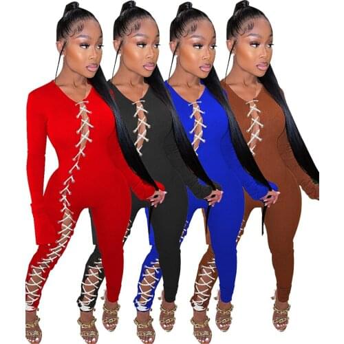 Sexy Bandage Knitted Jumpsuit X-long Sleeve Hollow out Long Rompers Women Party Clubwear Solid One Piece Club Outfit for 2021
