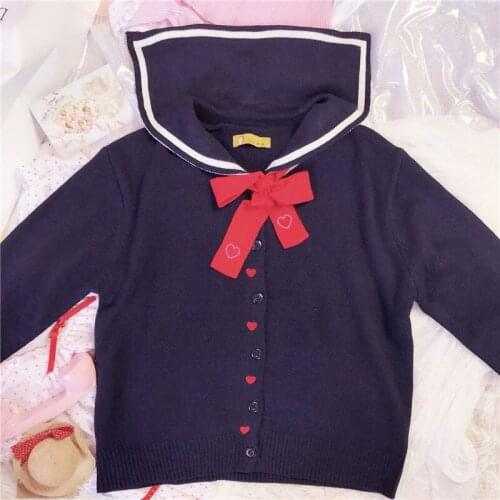 Aodmoe Autumn Women Preppy style Sweater Navy blue Knitwear Korea Fashion Girls Sweet Heart Embroidery Sailor Collar Cardigans