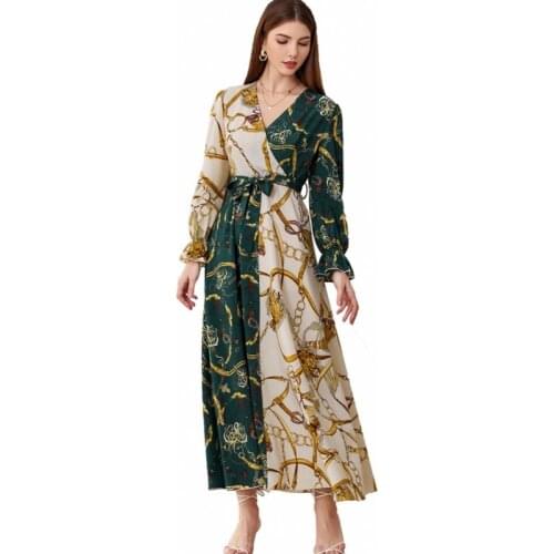 Empire Long Shirt Dress Women Colors Patchwork Slim Lace Up Robes 2021 Chain Print Ruffle Sleeve Elegant Office Lady Maxi Dress