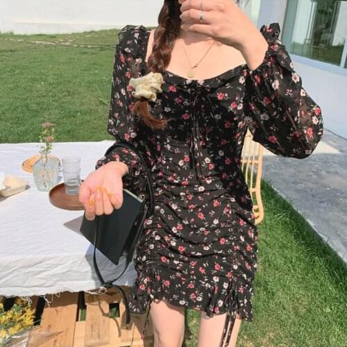 Black Floral Printed Bodycon Dress Women Long Sleeve Square Neck Short Mini Dress Frill Bottom Spring Ladies Fashion Clothing