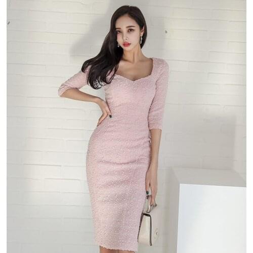 New arrival fashion korean fresh dress women spring OL profession temperament sweet square neck slim pink split pencil dress
