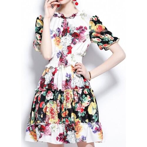 Fashion Summer Floral Beach Dress 2021New Women Sweet Rose Flower Print Puff Sleeve Ruffles Elastic Waist Fold A Line Mini Dress
