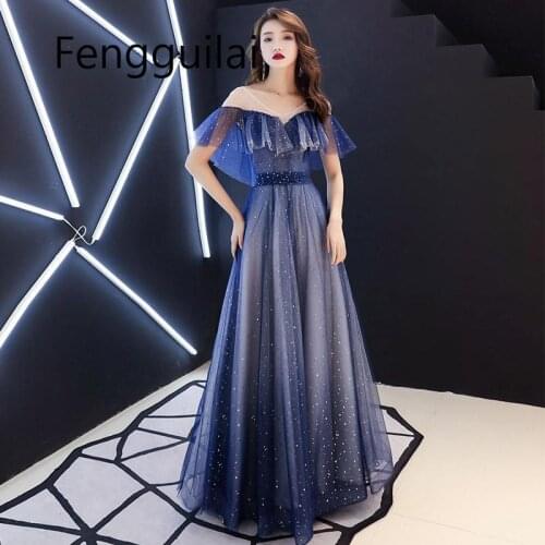 FENGGUILAI Evening Dress Sexy Navy Blue Formal Dresses Bling Star Shining V Neck Ruffles Long Party Gown Size XS-3XL Blue