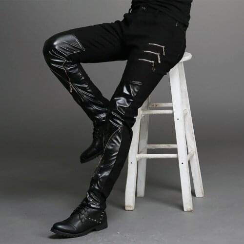 2015 new fashion tight-fitting slim black leather men pants black zipper hip-hop skinny male trousers nightclub bar costumes