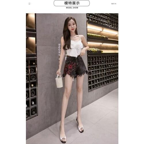 2020 new heavy industry embroidered high waist wide leg hot thin summer hole denim shorts