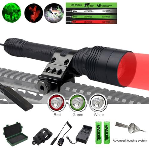 500 Yards 3 in 1 Red Green White Light Flashlight Tactical LED Torch Lamp Zoomable Adjustable Hunting Lamp with Scope Mount