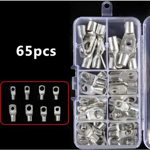 65pcs/Set Bolt Hole Tinned Cable Lugs Battery Terminals Set SC Glimpse Copper Nose Wire Connector Crimp Soldered Terminator Kit