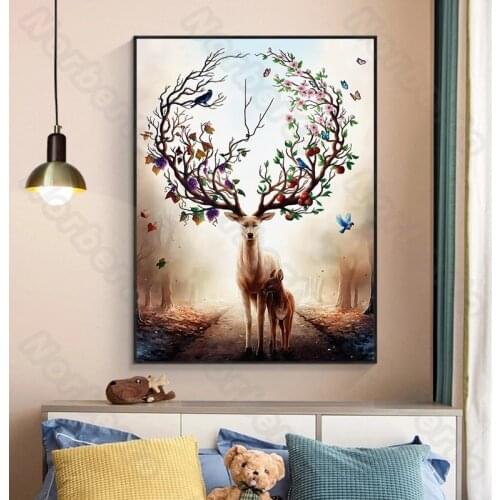 Modern Style Canvas Abstract Deer and Tree Antlers Wall Decoration with Pink Flowers Butterflies for Living Room Bedroom Decorat