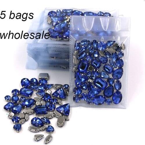 Clothing accessories Wholesale 5 bags mixed shape glass crystal sliver base Light blue sew on rhinestones diy wedding dress