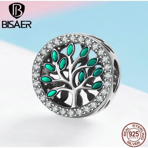 BISAER 925 Sterling Silver Family Tree of Life Green Leaves Charms Beads fit Bracelets & Bangles Sterling Silver Jewelry ECC1095