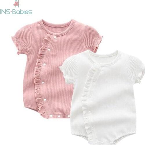 Baby Girl Bodysuits Thin Cotton Summer Clothing Solid Color Lace Short Sleeve Newborn Babies Girls Full Moon Party Clothes 0-12m