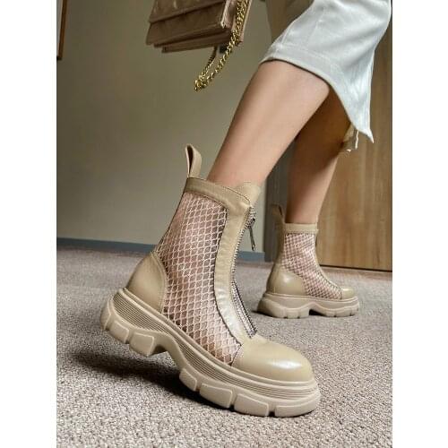 EshtonShero Fashion Women Ankle Boots Round Toe Short Botas Square Low Heels Back Zipper Fashion Boots Air Mesh Summer Boots