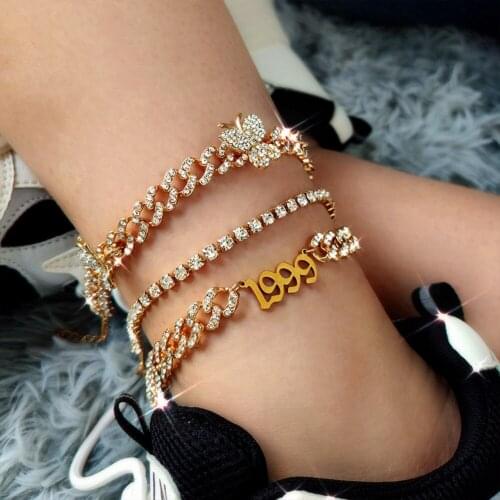 Luxury Full Rhinestones Butterfly Cuban Link Anklets Bracelet for Women Iced out Crystal Cuban Ankle Chain Punk Hip Hop Jewelry