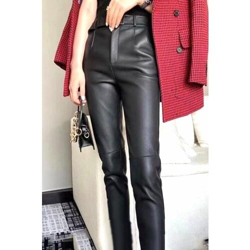 Real Sheepskin Leather Pants for Women Spring Autumn 2021 Female High Waist Pants Womens Trousers Pantalon Femme Zjt2197